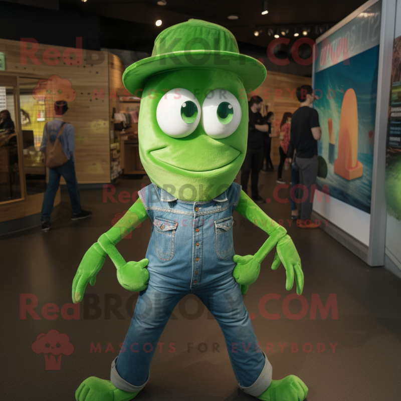 Green Shrimp Scampi mascot costume character dressed with a Bootcut Jeans and Cummerbunds