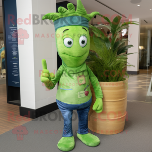 Green Shrimp Scampi mascot costume character dressed with a Bootcut Jeans and Cummerbunds