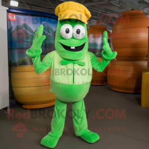 Green Shrimp Scampi mascot costume character dressed with a Bootcut Jeans and Cummerbunds