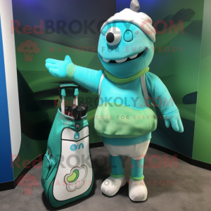 Cyan Golf Bag mascot costume character dressed with a Sweater and Coin purses