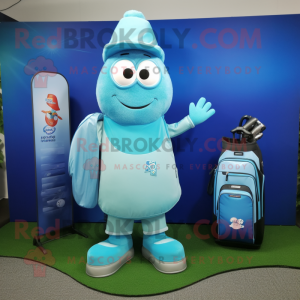 Cyan Golf Bag mascot costume character dressed with a Sweater and Coin purses