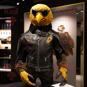 Gold Falcon mascot costume character dressed with a Biker Jacket and Coin purses