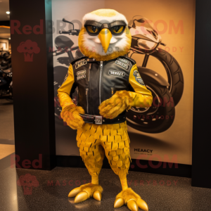 Gold Falcon mascot costume character dressed with a Biker Jacket and Coin purses