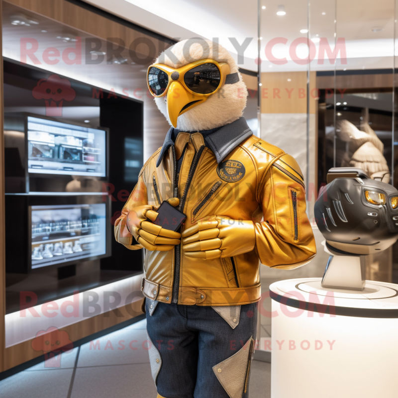 Gold Falcon mascot costume character dressed with a Biker Jacket and Coin purses Gold Falcon mascot costume character dressed with a Biker Jacket and Coin purses