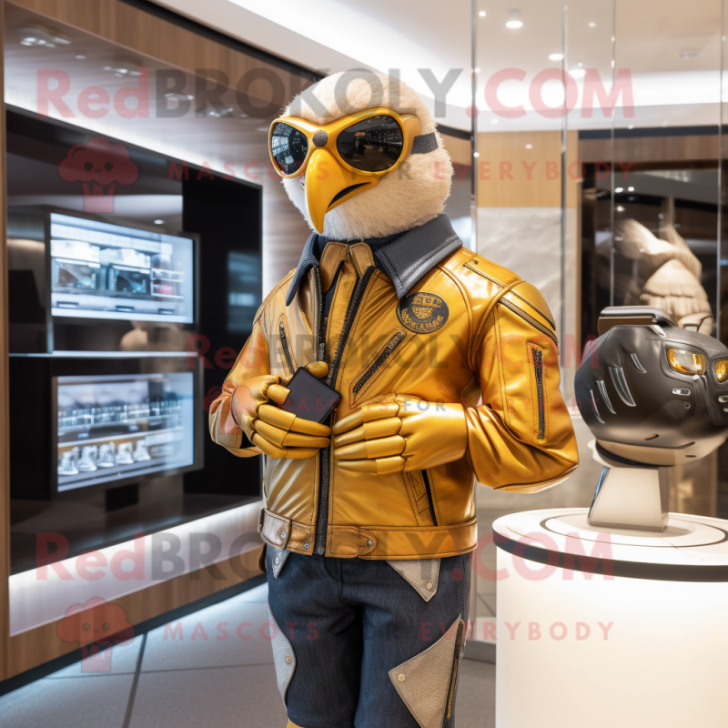 Gold Falcon mascot costume character dressed with a Biker Jacket and Coin purses