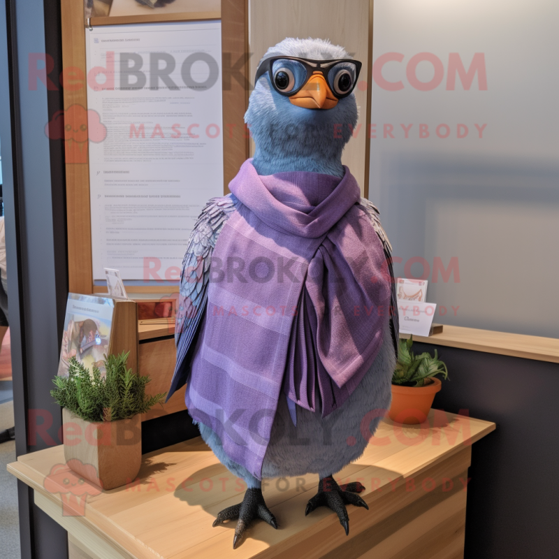 Lavender Passenger Pigeon mascot costume character dressed with a Henley Shirt and Scarves