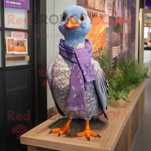 Lavender Passenger Pigeon mascot costume character dressed with a Henley Shirt and Scarves