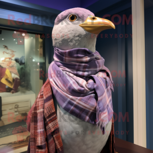 Lavender Passenger Pigeon mascot costume character dressed with a Henley Shirt and Scarves