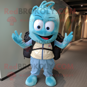 Cyan Shrimp Scampi mascot costume character dressed with a Corduroy Pants and Backpacks