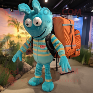 Cyan Shrimp Scampi mascot costume character dressed with a Corduroy Pants and Backpacks