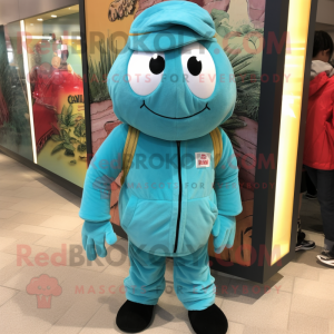 Cyan Shrimp Scampi mascot costume character dressed with a Corduroy Pants and Backpacks