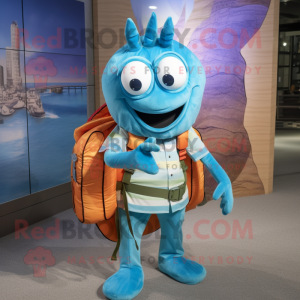 Cyan Shrimp Scampi mascot costume character dressed with a Corduroy Pants and Backpacks