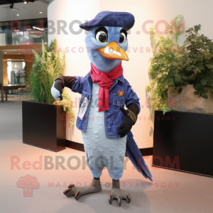 Lavender Woodpecker mascot costume character dressed with a Denim Shirt and Belts
