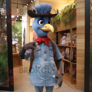 Lavender Woodpecker mascot costume character dressed with a Denim Shirt and Belts