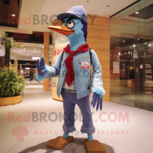 Lavender Woodpecker mascot costume character dressed with a Denim Shirt and Belts