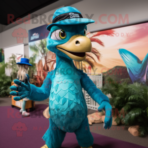 Turquoise Utahraptor mascot costume character dressed with a Bikini and Caps