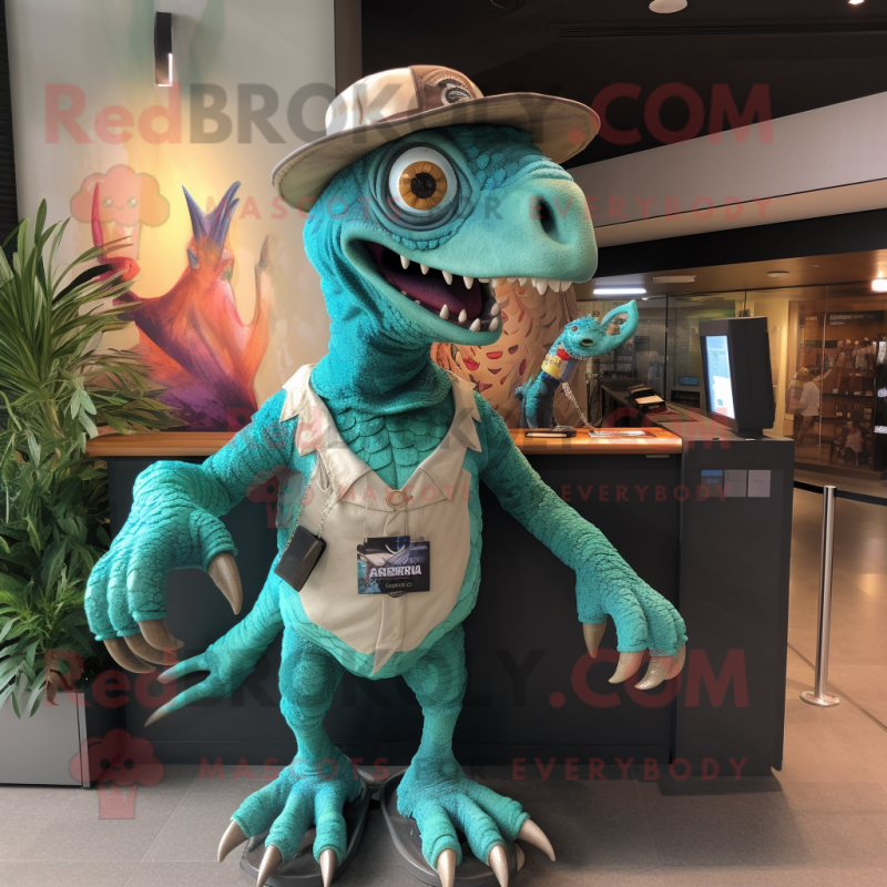 Turquoise Utahraptor mascot costume character dressed with a Bikini and Caps