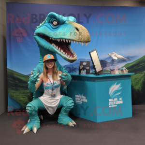 Turquoise Utahraptor mascot costume character dressed with a Bikini and Caps