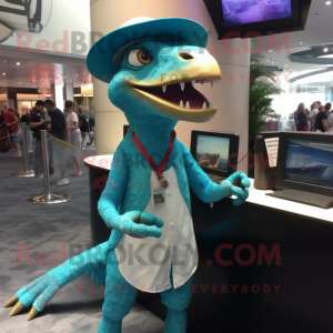 Turquoise Utahraptor mascot costume character dressed with a Bikini and Caps