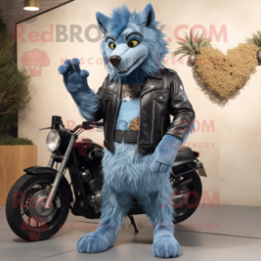 Sky Blue Werewolf mascot costume character dressed with a Leather Jacket and Handbags