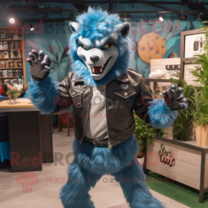 Sky Blue Werewolf mascot costume character dressed with a Leather Jacket and Handbags