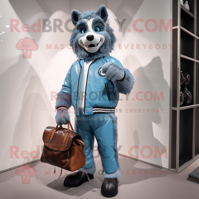 Sky Blue Werewolf mascot costume character dressed with a Leather Jacket and Handbags Sky Blue Werewolf mascot costume character dressed with a Leather Jacket and Handbags