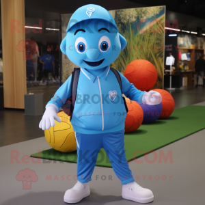 Cyan Juggle mascot costume character dressed with a Joggers and Backpacks