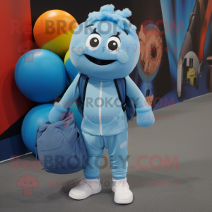 Cyan Juggle mascot costume character dressed with a Joggers and Backpacks