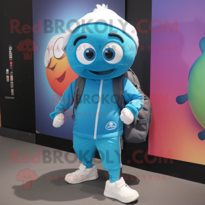 Cyan Juggle mascot costume character dressed with a Joggers and Backpacks