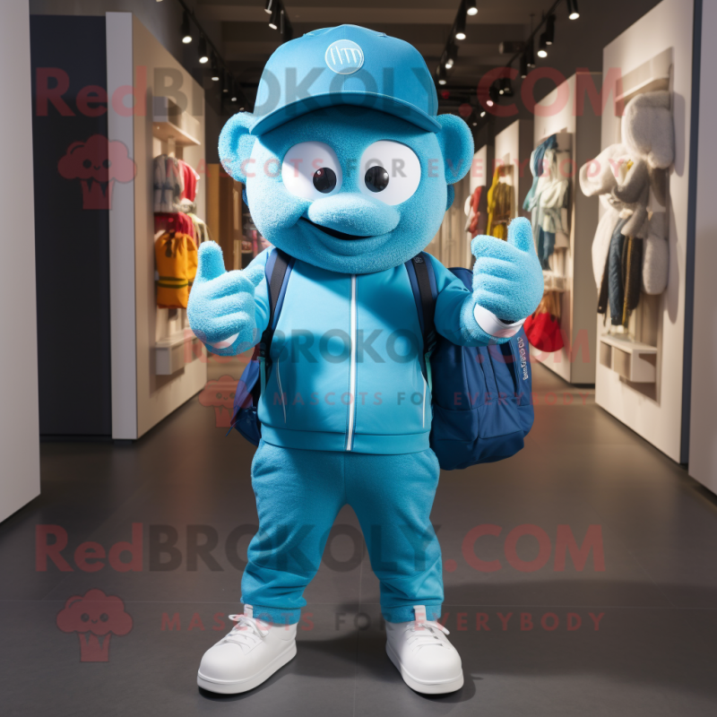 Cyan Juggle mascot costume character dressed with a Joggers and Backpacks