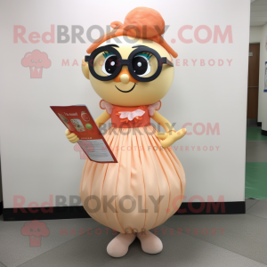 Peach Champagne mascot costume character dressed with a Maxi Skirt and Reading glasses