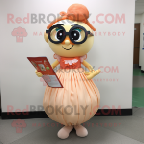Peach Champagne mascot costume character dressed with a Maxi Skirt and Reading glasses