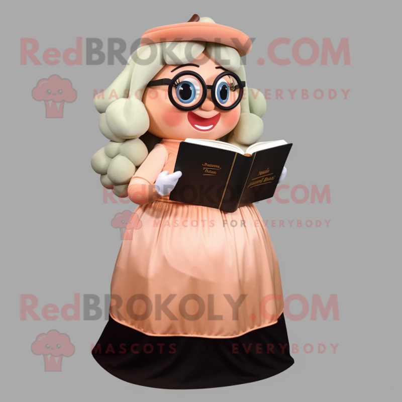 Peach Champagne mascot costume character dressed with a Maxi Skirt and Reading glasses