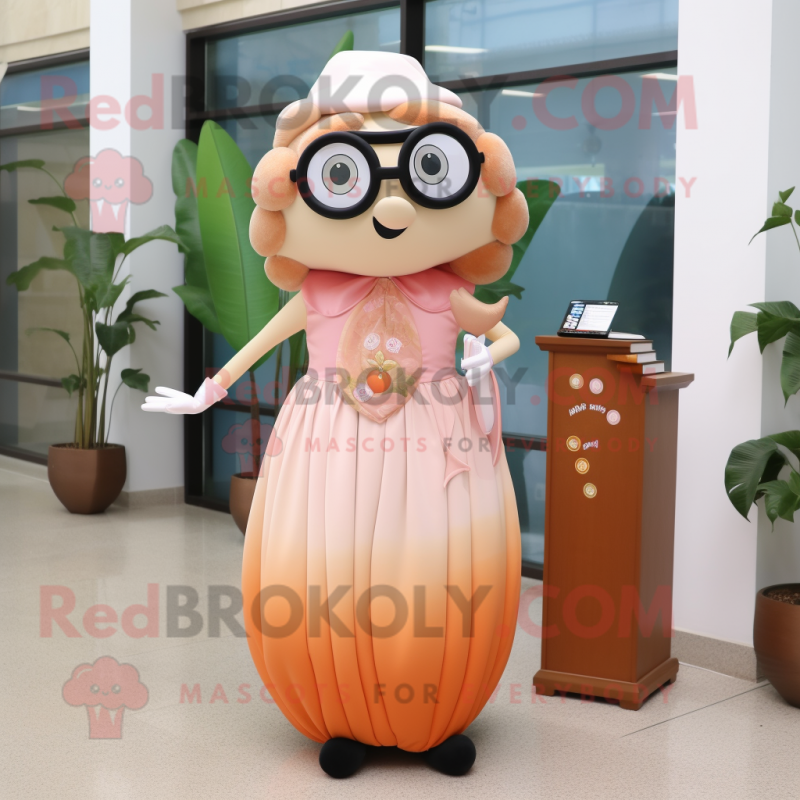 Peach Champagne mascot costume character dressed with a Maxi Skirt and Reading glasses