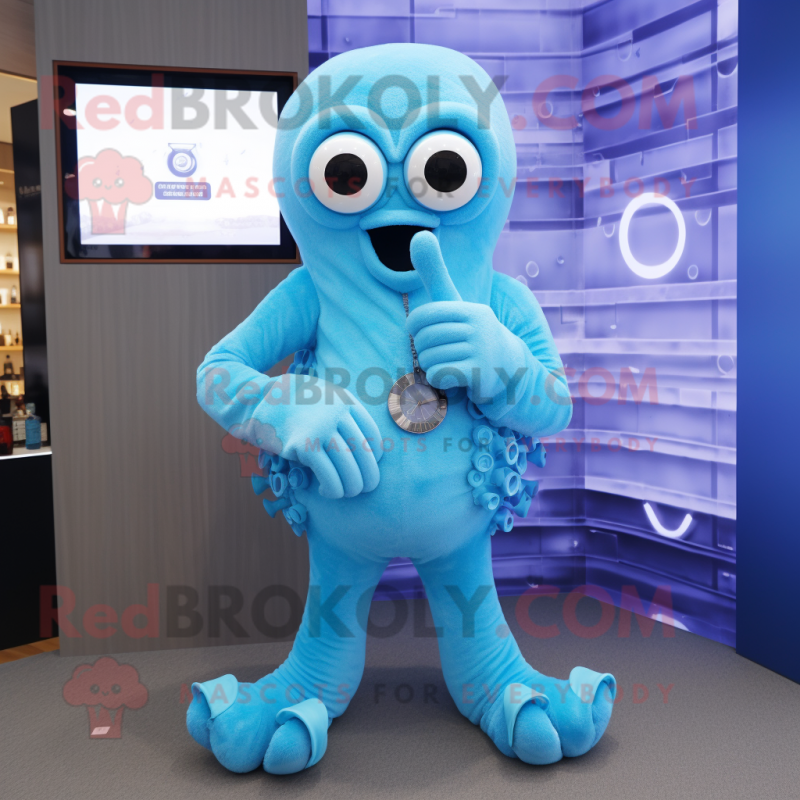 Sky Blue Octopus mascot costume character dressed with a Henley Tee and Digital watches