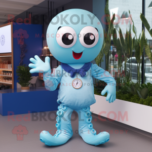 Sky Blue Octopus mascot costume character dressed with a Henley Tee and Digital watches