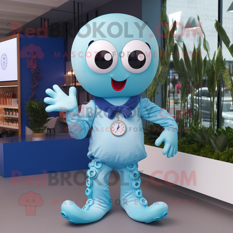 Sky Blue Octopus mascot costume character dressed with a Henley Tee and Digital watches Sky Blue Octopus mascot costume character dressed with a Henley Tee and Digital watches