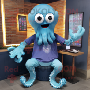 Sky Blue Octopus mascot costume character dressed with a Henley Tee and Digital watches