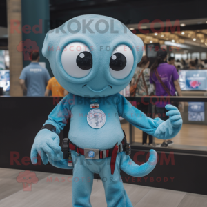 Sky Blue Octopus mascot costume character dressed with a Henley Tee and Digital watches