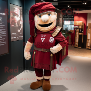 Maroon Roman Soldier mascot costume character dressed with a Henley Shirt and Cummerbunds