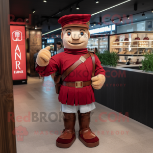 Maroon Roman Soldier mascot costume character dressed with a Henley Shirt and Cummerbunds
