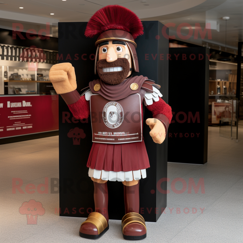 Maroon Roman Soldier mascot costume character dressed with a Henley Shirt and Cummerbunds