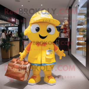 Yellow Fish And Chips mascot costume character dressed with a Shorts and Handbags