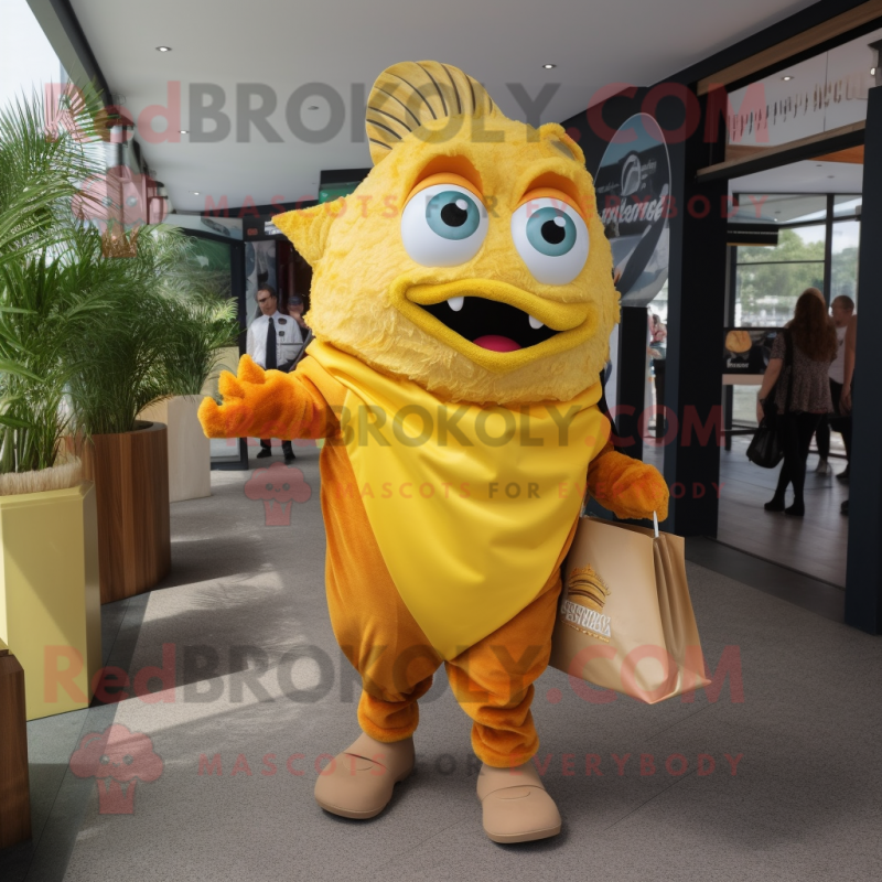 Yellow Fish And Chips mascot costume character dressed with a Shorts and Handbags Yellow Fish And Chips mascot costume character dressed with a Shorts and Handbags