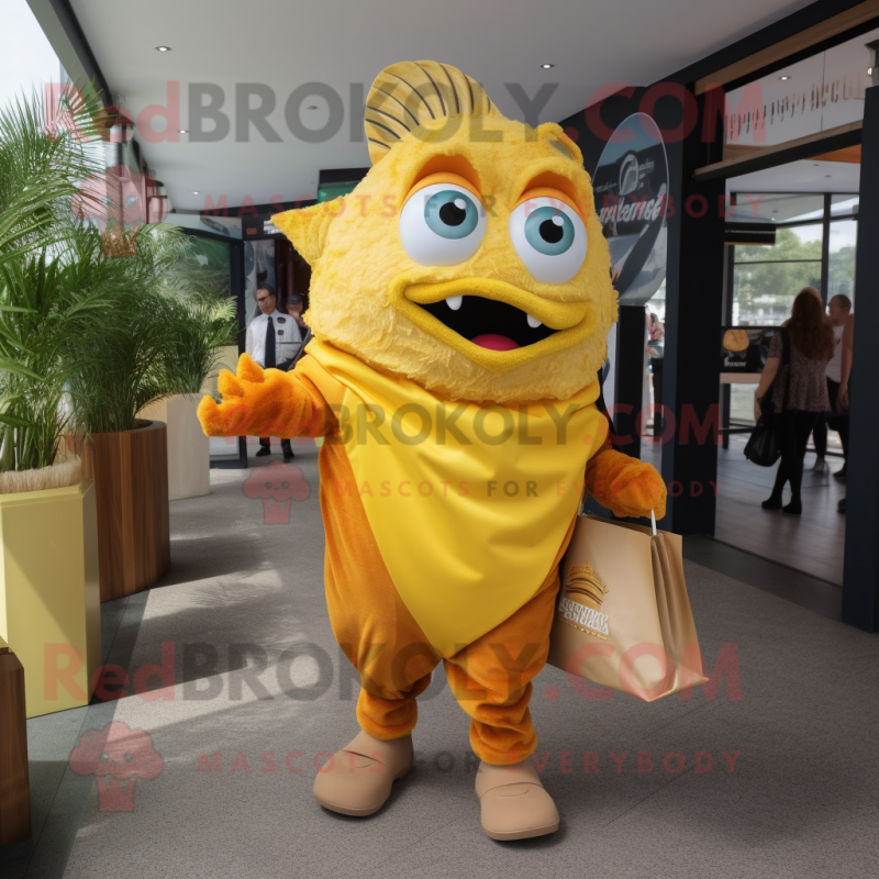 Yellow Fish And Chips mascot costume character dressed with a Shorts and Handbags