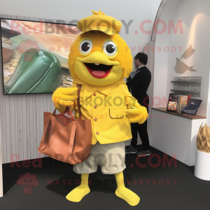 Yellow Fish And Chips mascot costume character dressed with a Shorts and Handbags