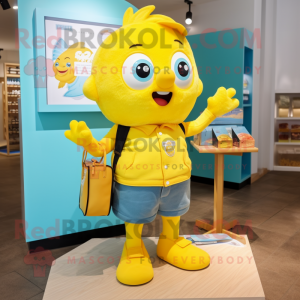 Yellow Fish And Chips mascot costume character dressed with a Shorts and Handbags