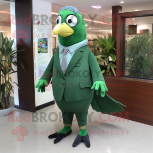 Forest Green Pigeon mascot costume character dressed with a Suit Pants and Hair clips