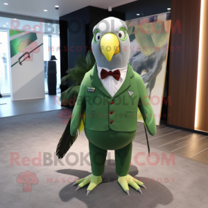 Forest Green Pigeon mascot costume character dressed with a Suit Pants and Hair clips