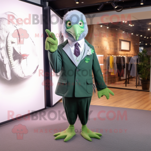 Forest Green Pigeon mascot costume character dressed with a Suit Pants and Hair clips